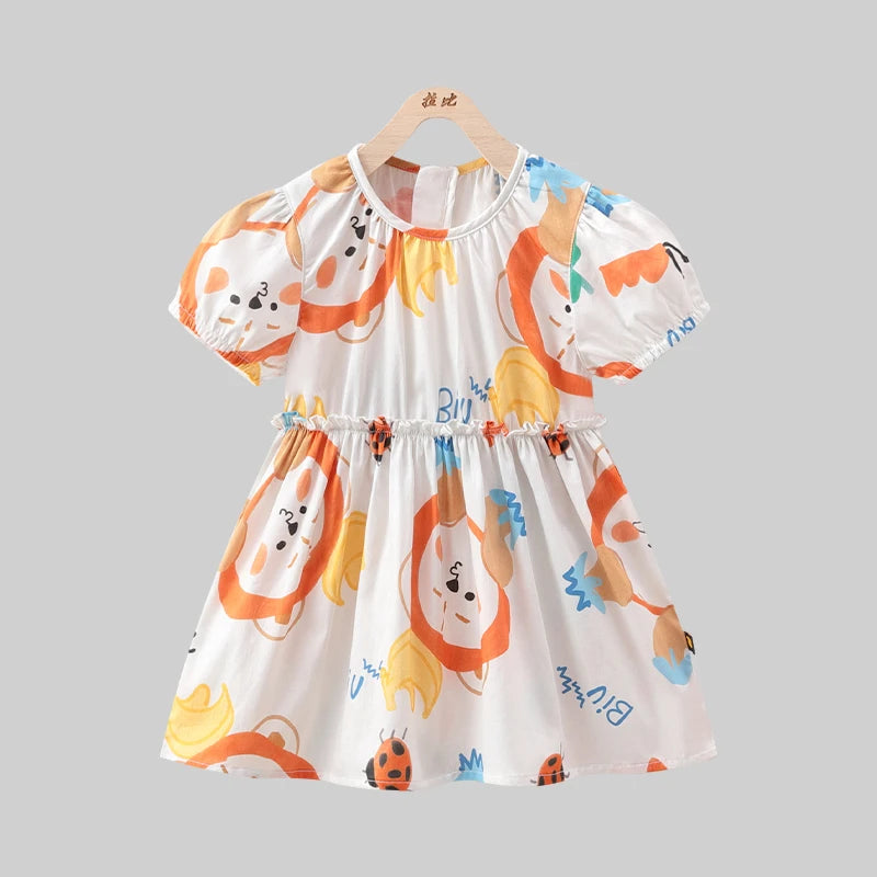 Girls Elegant Dresses Cartoon Print Puff Short Sleeve Dress for Kids Girl Cotton Cute Kids Clothes Girl Round Neck Dress 2024