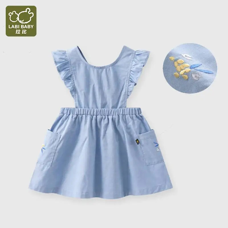 Summer Dress Cotton Fly Sleeve Dresses for Kids Girls Solid Blue Girl A-line Knee Length Dress with Pockets Children Clothes