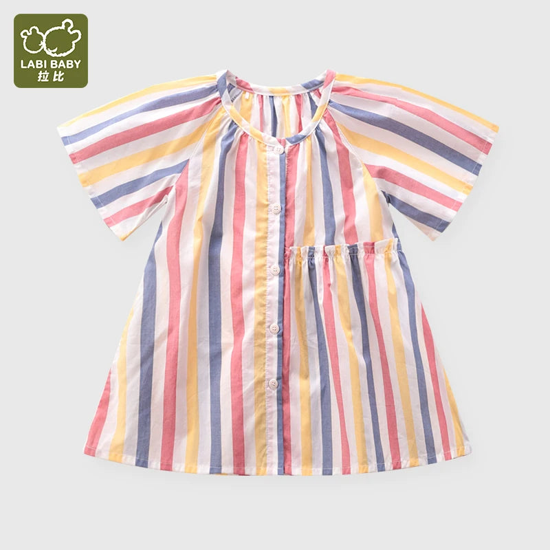Colorful Pleated Design Dress for Girls Baby Summer Thin Dresses Kids Stripes Print Round Neck Party Dress Summer Beach Clothes
