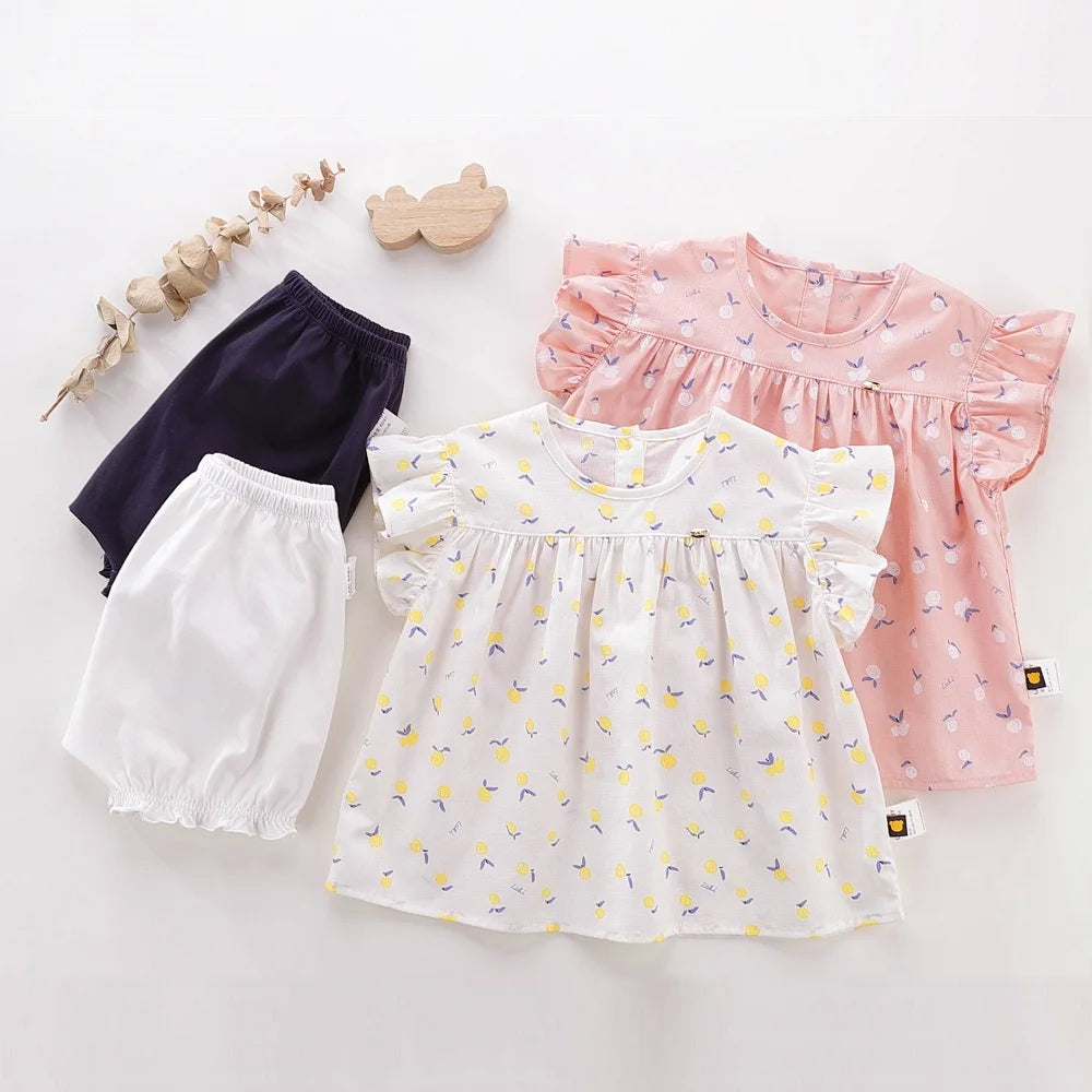 LABI BABY Girls Summer Ruffle Top Shirt Floral Prints Short Outfits Set Toddler Fly Sleeve T shirt Costume Kids Flowers Clothes