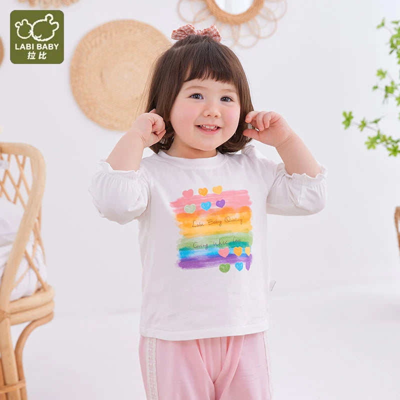 LABI BABY Rainbow T-shirts for Girls Autumn Long Sleeve Tops Cute Infant Pullovers Toddler Sweatshirt Casual Outfit Baby Clothes