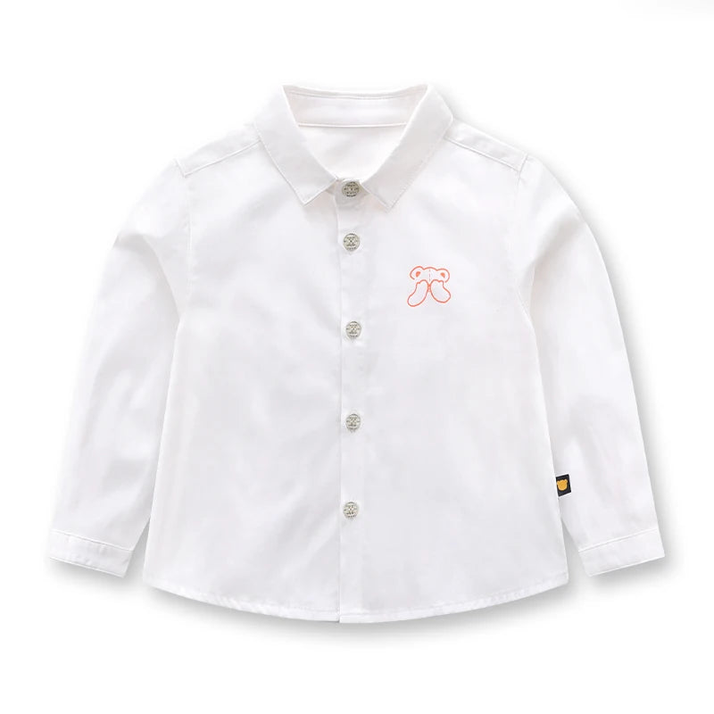 LABI BABY Durable White Shirt Kids Classic Blouse for Boys Girls Cotton Long Sleeve Top with Buttons Cartoon Print Shirts