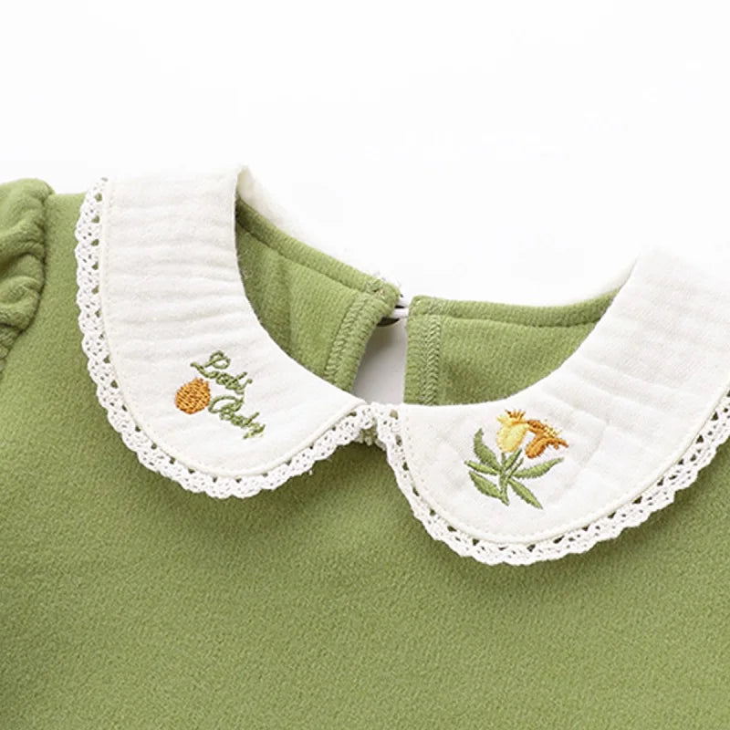 LABI BABY Girls Doll Collar T-shirt Autumn Long Sleeve Tops Flowers Embroidery Lapel Pullover Baby Clothes 1-6 Toddlers Clothing