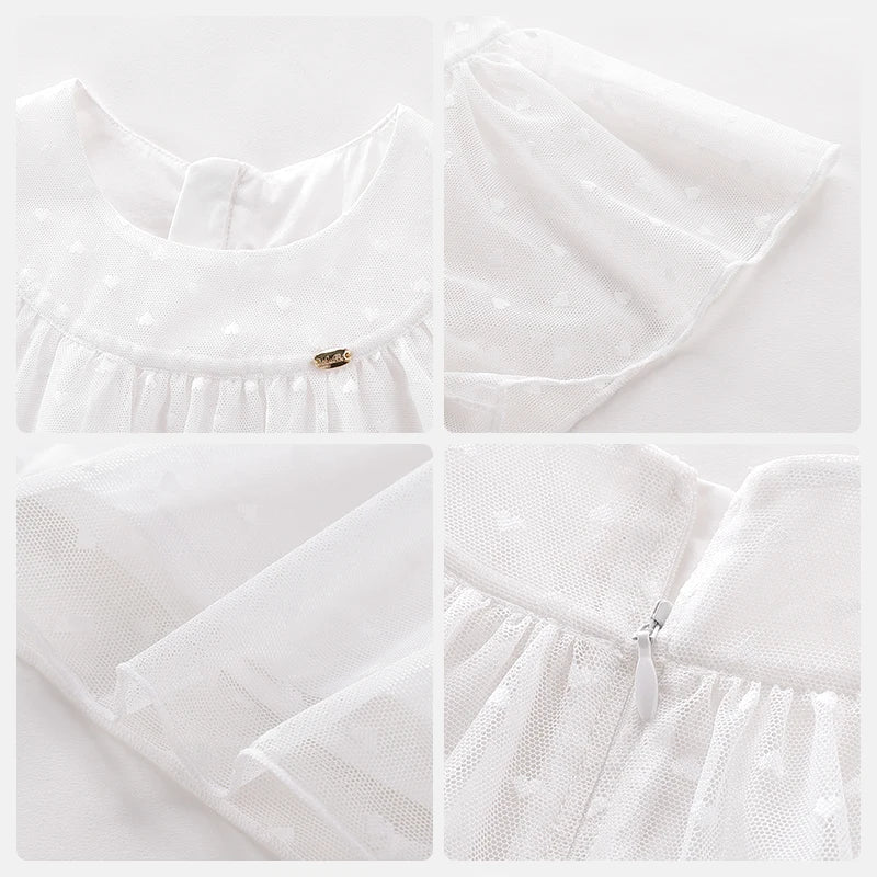 Summer Girl Heart Mesh Layered Dress High end Princess Fairy Dresses Flower Sleeve Frocks White Blue Dresses Kids Children Cloth
