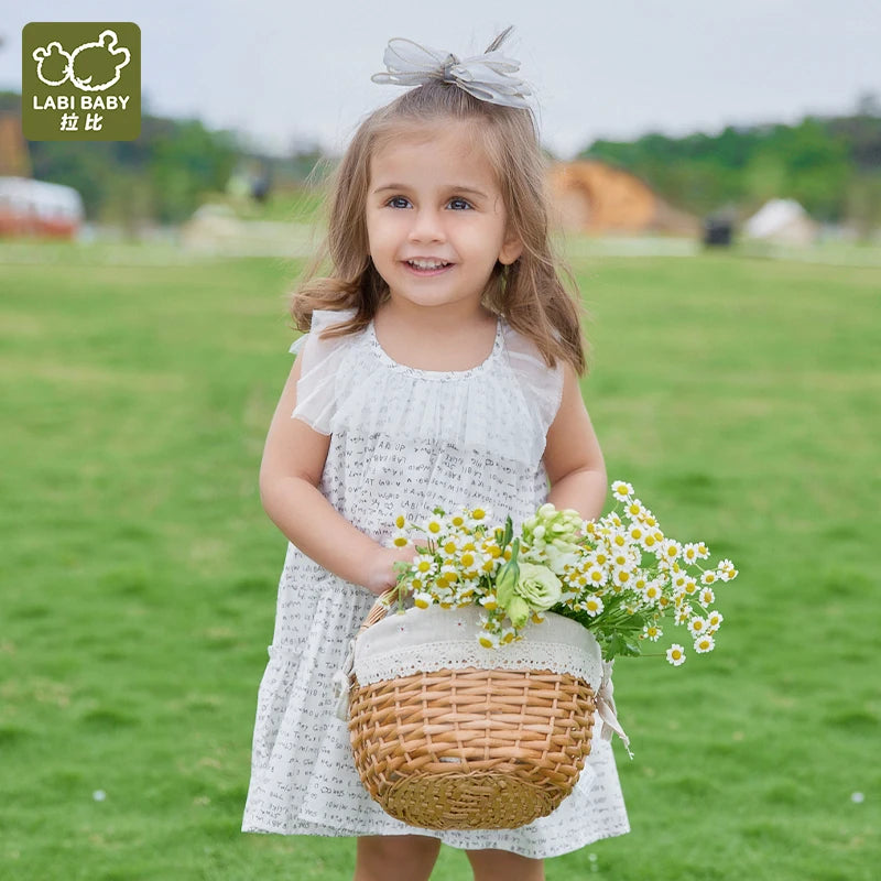 LABI BABY Sleeveless Mesh Collar Dress Summer Dresses for Girls Letters Prints Casual Princess Dress Toddler Infant Kid Clothing