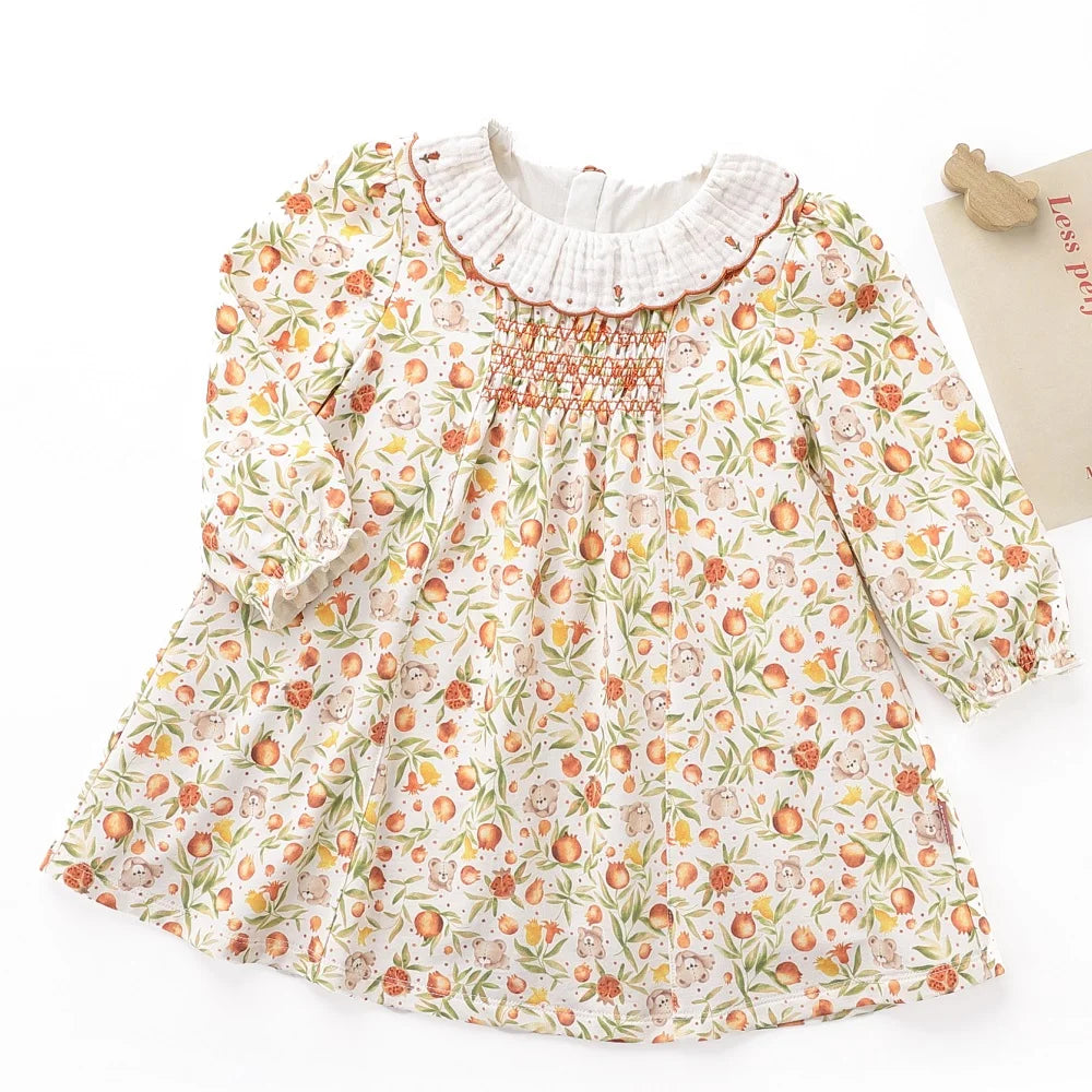 LABI BABY Girls Dress Embroidery Ruffle Lapel Sweet Dresses Autumn Flower Print Long Sleeve Dress Kids Clothing Children Clothes