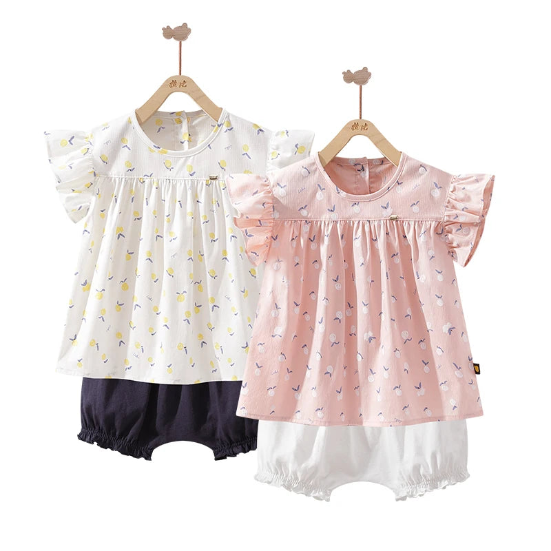 LABI BABY Girls Summer Ruffle Top Shirt Floral Prints Short Outfits Set Toddler Fly Sleeve T shirt Costume Kids Flowers Clothes