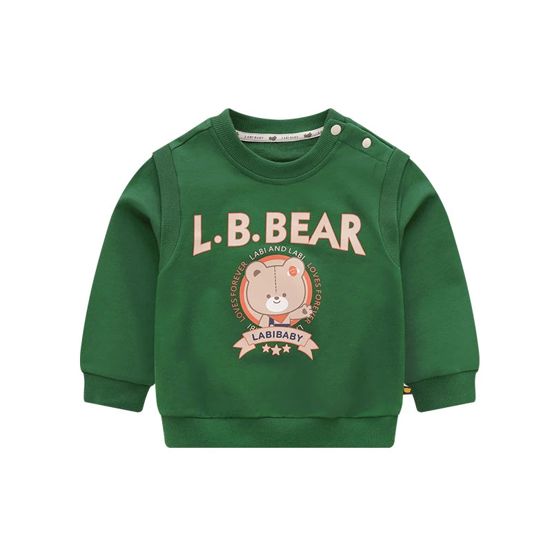 LABI BABY Autumn Sweatshirt for Boys Girls Long Sleeve Hoodies Bear Print Pullover Kids Green Tops Casual Toddler Child Clothes