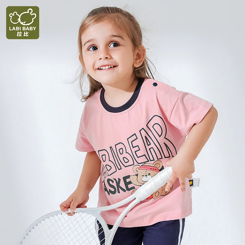 LABI BABY Cute Pink Bear Summer Shoulder Open Buckle Short Sleeve Casual Loose T-shirt