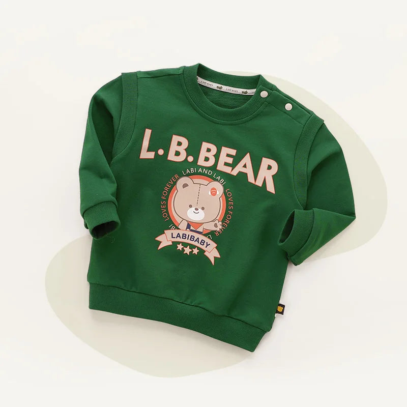 LABI BABY Autumn Sweatshirt for Boys Girls Long Sleeve Hoodies Bear Print Pullover Kids Green Tops Casual Toddler Child Clothes